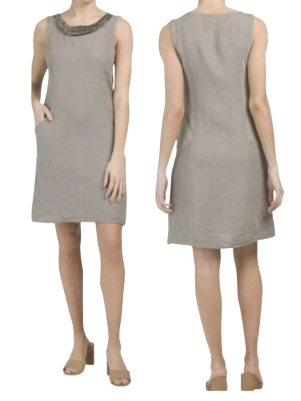 Lina Tomei Linen Women's Beaded Neckline Minimalist Shift Dress Italian Brand L